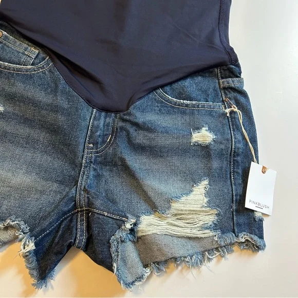 Pinkblush Dark Wash Distressed Raw Hem Maternity Full Panel Shorts - Picture 5 of 8